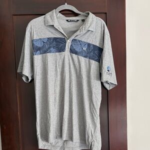Travis Mathew Gray Polo with Navy Floral Chest Stripe